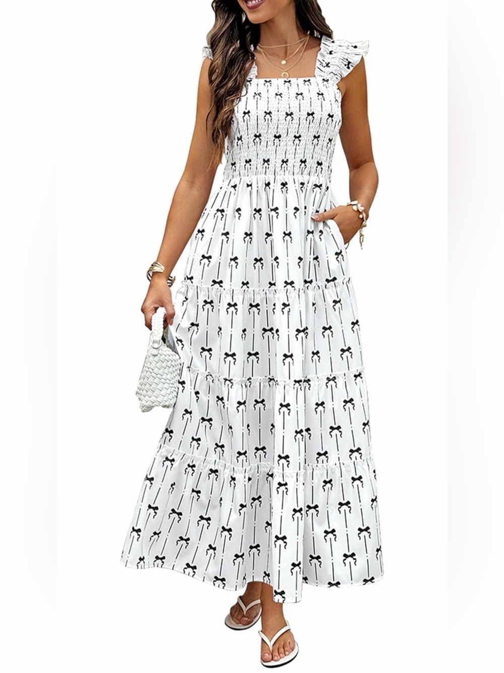 Summer Maxi Dress, Sleeveless Square Neck Ruffle Strap Smocked Flowy